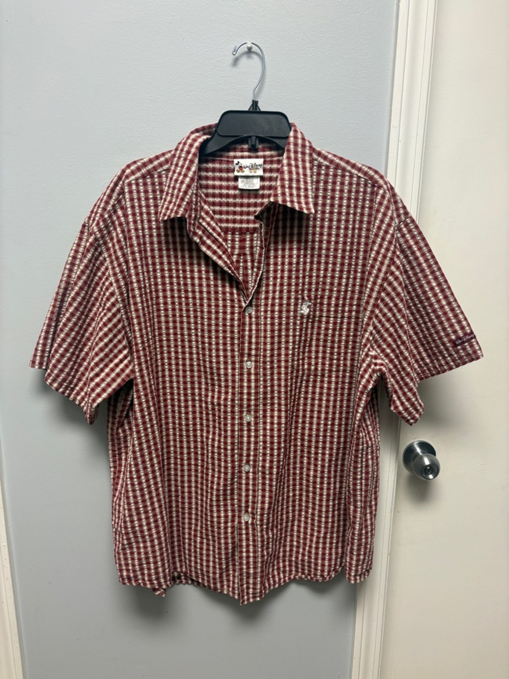 Men's Red and White Check Short-Sleeve Button-Down Shirt Walt Disney